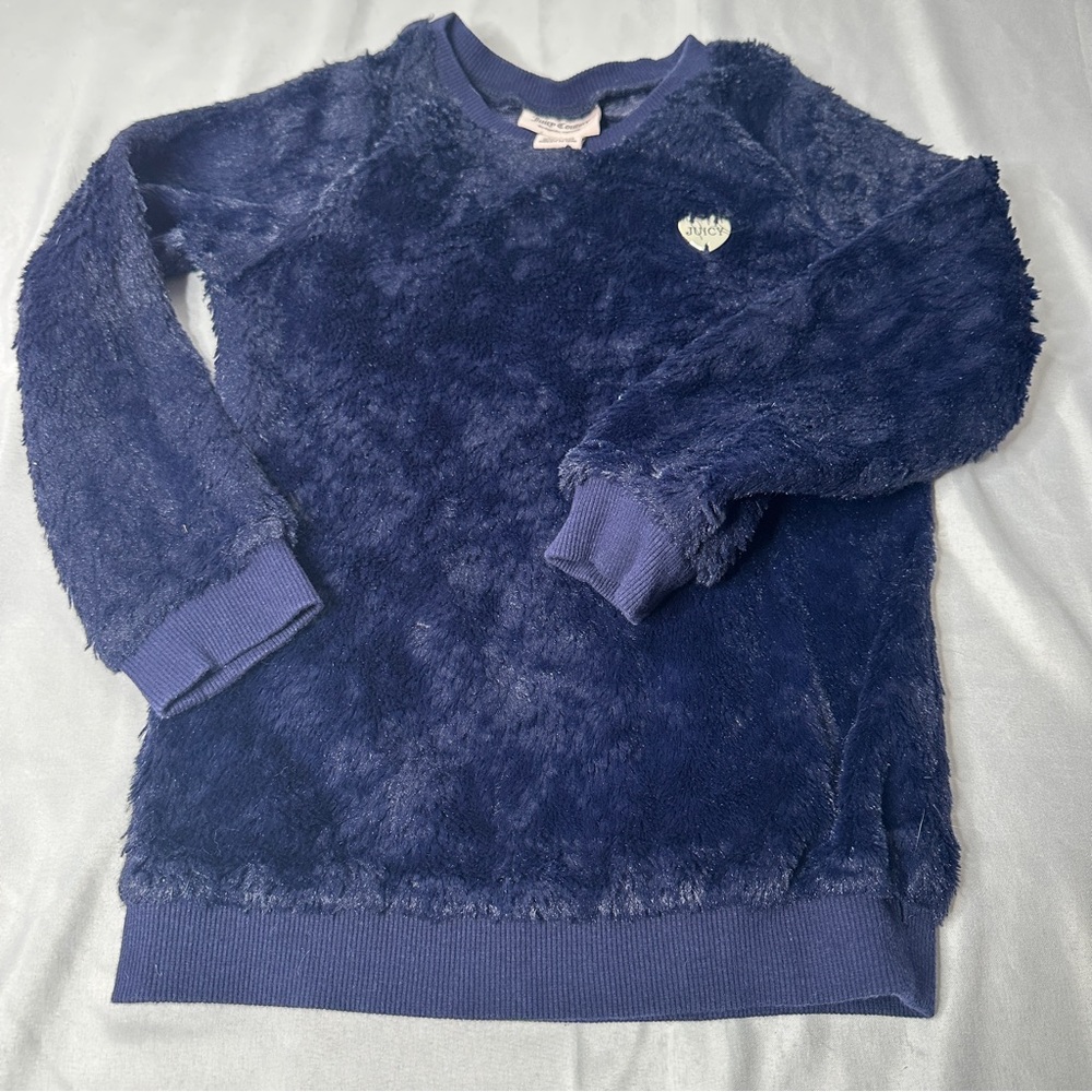 Juicy Couture Girls Navy Faux Fur Plush Sweatshirt Size 7 Cozy Y2K